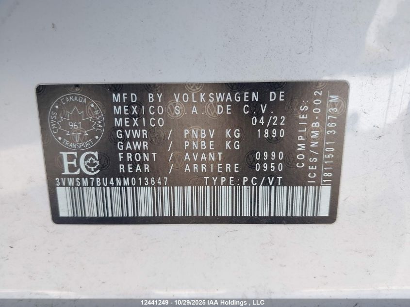 2022 Volkswagen Jetta Comfortline VIN: 3VWSM7BU4NM013647 Lot: 12441249