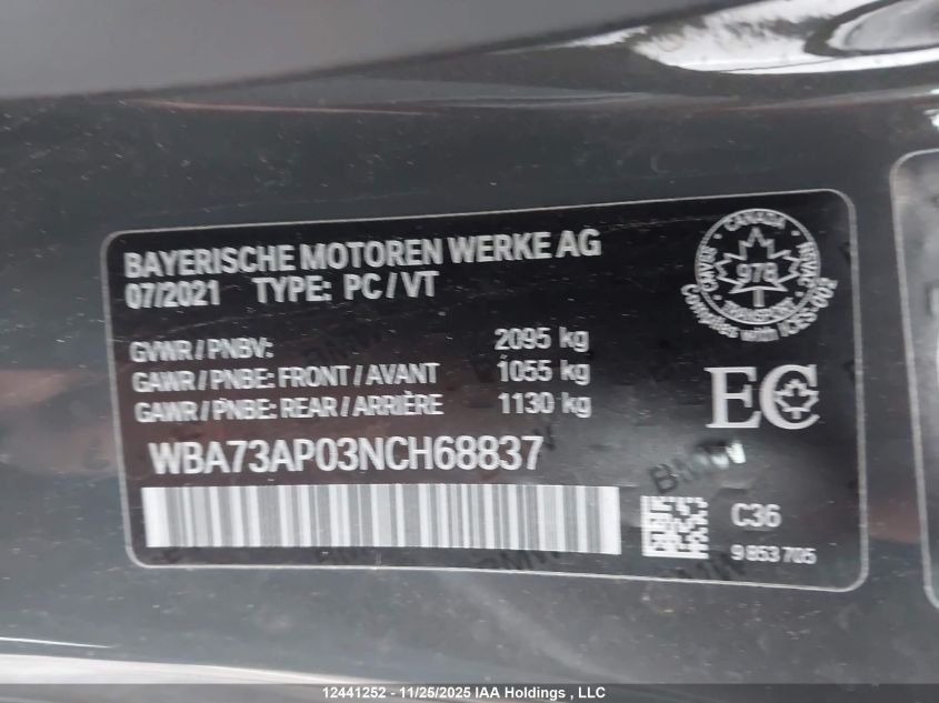 2022 BMW 430I xDrive VIN: WBA73AP03NCH68837 Lot: 12441252