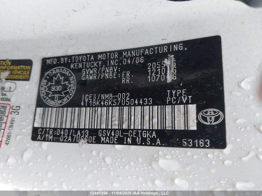 4T1BK46K57U504433 2007 TOYOTA CAMRY photo no. 9
