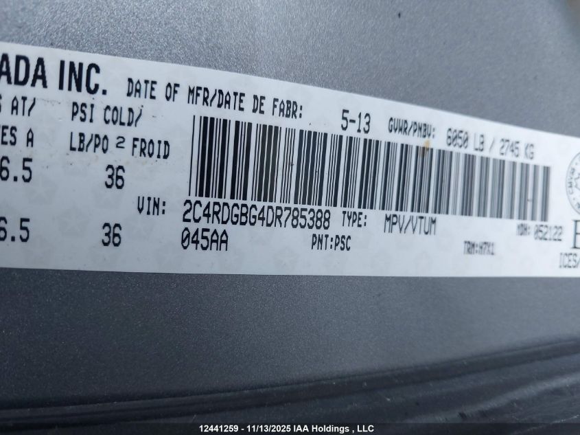 2013 Dodge Grand Caravan Se/Sxt VIN: 2C4RDGBG4DR785388 Lot: 12441259