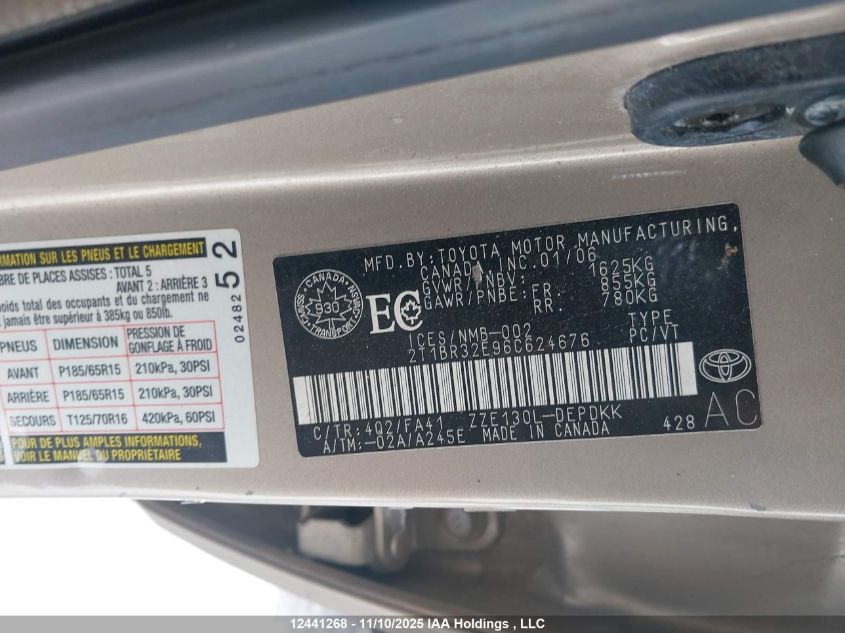 2006 Toyota Corolla Ce/Le/Sport VIN: 2T1BR32E96C624676 Lot: 12441268