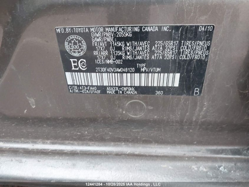 2010 Toyota Rav4 Limited VIN: 2T3DF4DV3AW048120 Lot: 12441284