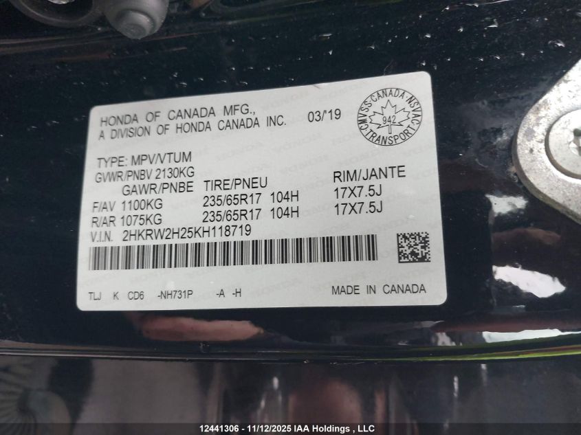 2019 Honda Cr-V Lx VIN: 2HKRW2H25KH118719 Lot: 12441306