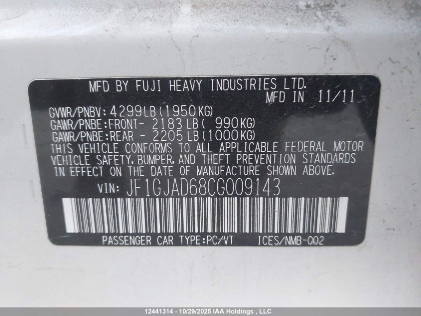 2012 Subaru Impreza 2.0I Touring Package VIN: JF1GJAD68CG009143 Lot: 12441314