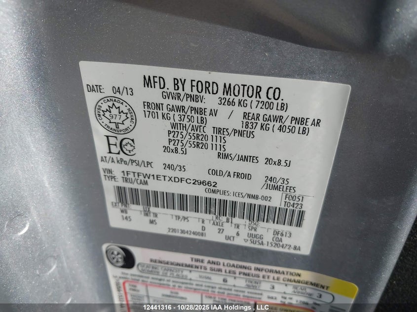 1FTFW1ETXDFC29662 2013 FORD F-150 photo no. 9