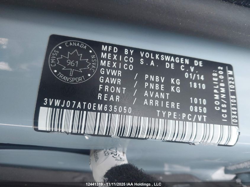 2014 Volkswagen Beetle VIN: 3VWJ07AT0EM635050 Lot: 12441319