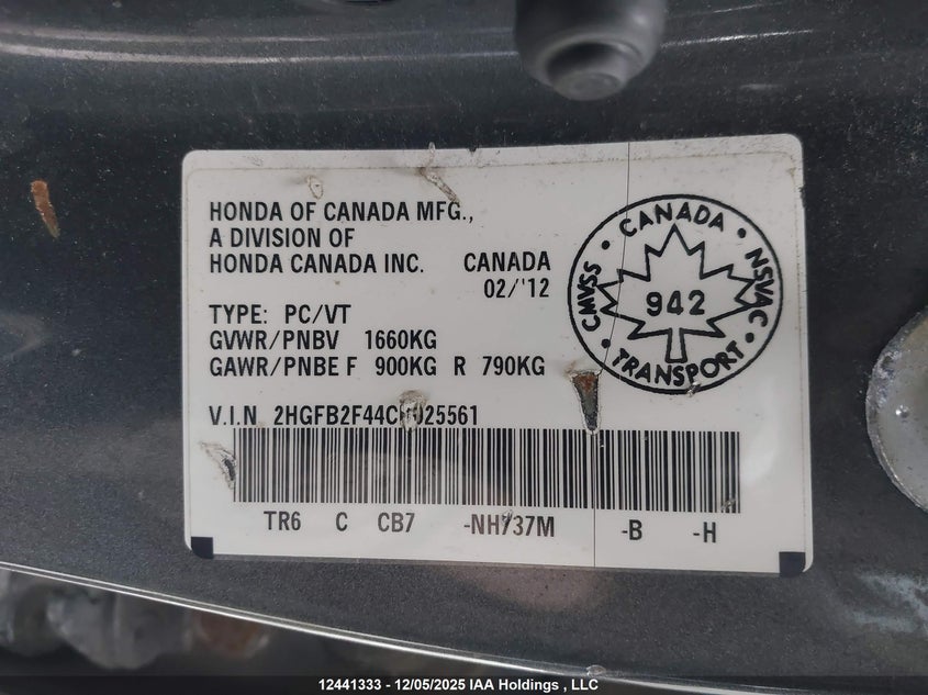 2HGFB2F44CH025561 2012 HONDA CIVIC photo no. 9