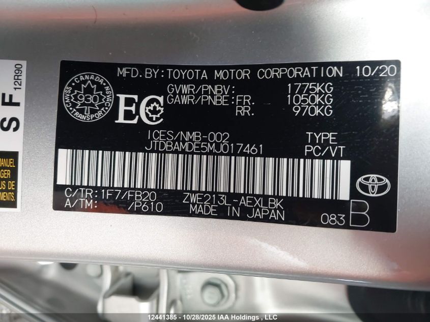 2021 Toyota Corolla VIN: JTDBAMDE5MJ017461 Lot: 12441385
