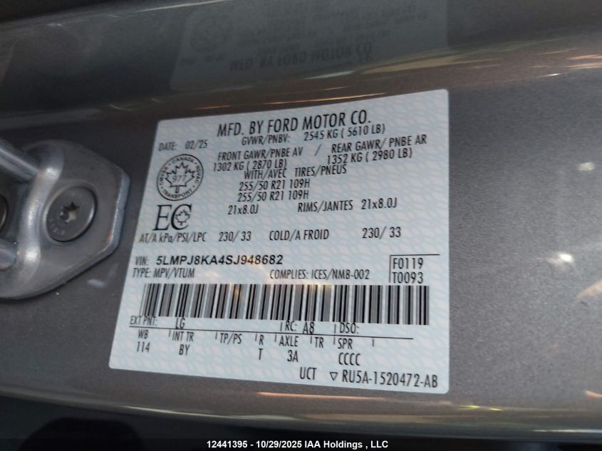 2025 Lincoln Nautilus VIN: 5LMPJ8KA4SJ948682 Lot: 12441395