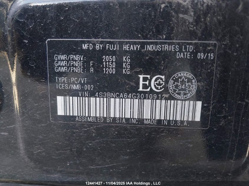 2016 Subaru Legacy 2.5I VIN: 4S3BNCA64G3010912 Lot: 12441427