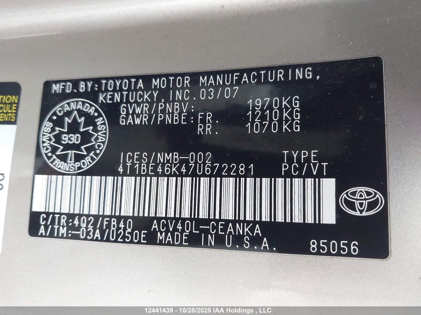 4T1BE46K47U672281 2007 TOYOTA CAMRY photo no. 9