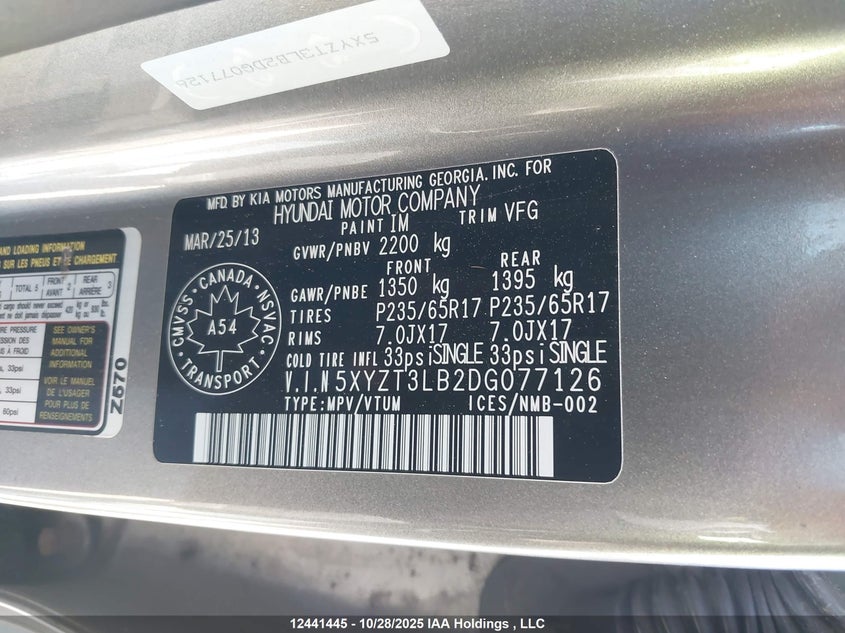 5XYZT3LB2DG077126 2013 HYUNDAI SANTA FE photo no. 9