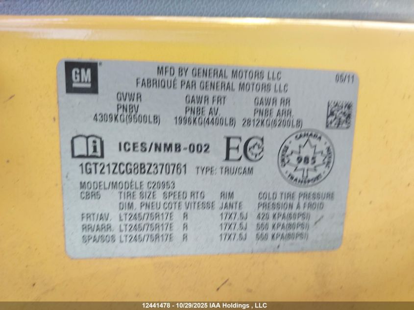 2011 GMC Sierra C2500 Heavy Duty VIN: 1GT21ZCG8BZ370761 Lot: 12441478