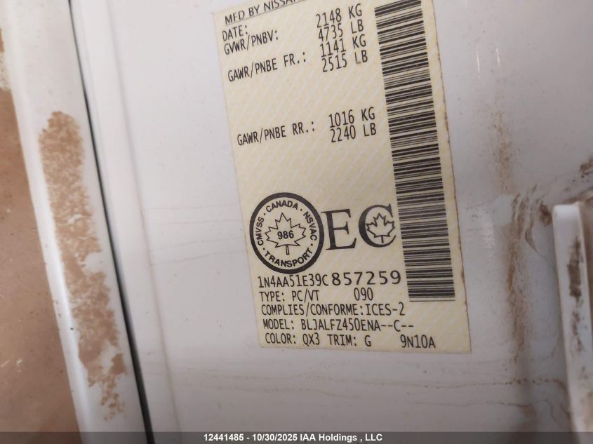 2009 Nissan Maxima S/Sv VIN: 1N4AA51E39C857259 Lot: 12441485