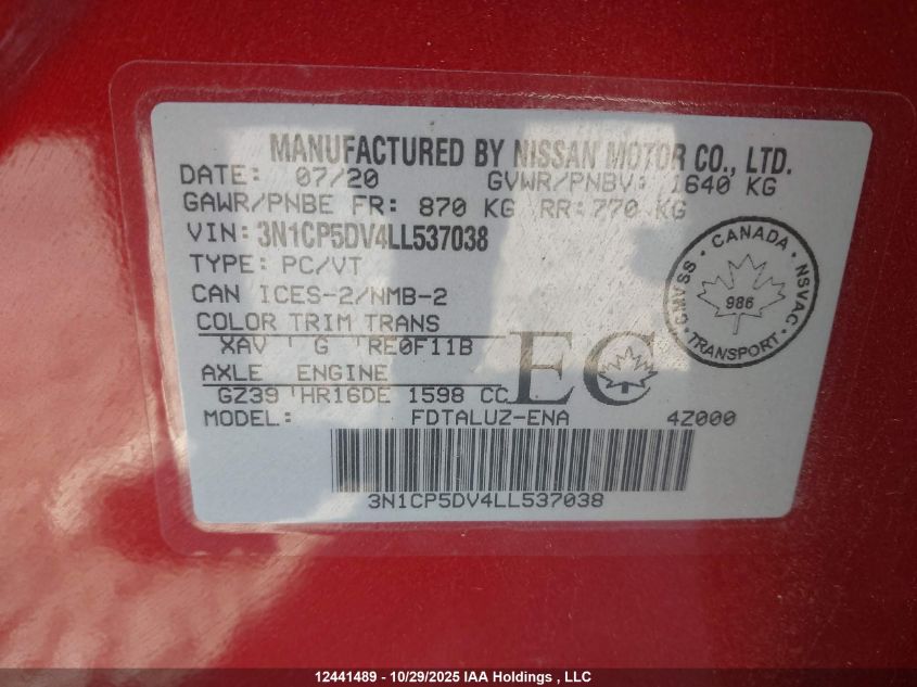 2020 Nissan Kicks Sr VIN: 3N1CP5DV4LL537038 Lot: 12441489