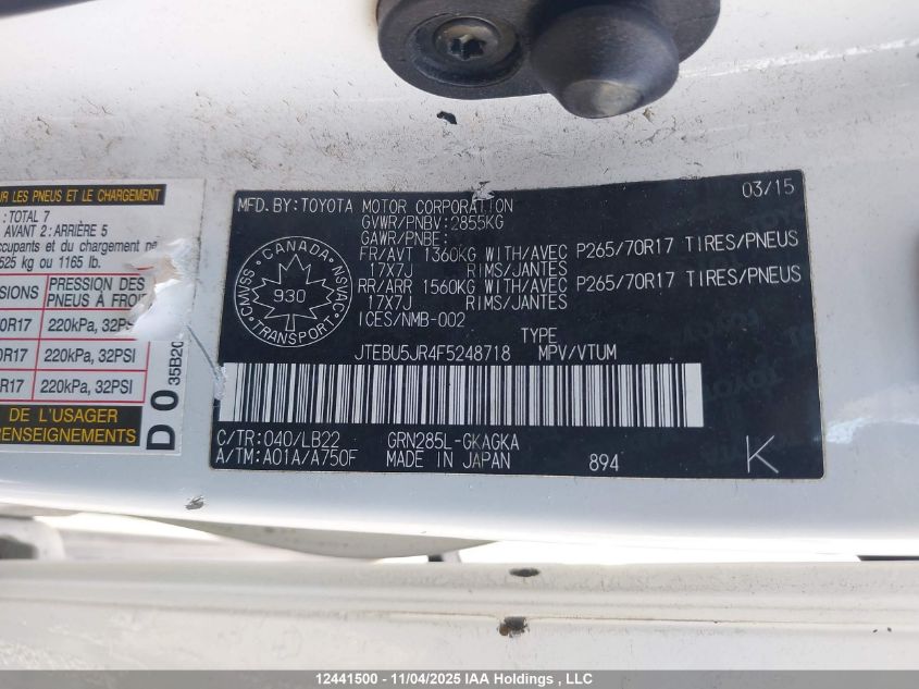 2015 Toyota 4Runner Sr5 V6 VIN: JTEBU5JR4F5248718 Lot: 12441500