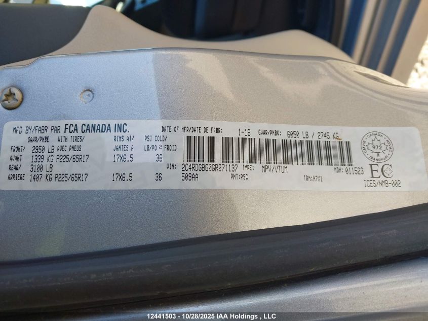 2016 Dodge Grand Caravan Se VIN: 2C4RDGBG0GR271137 Lot: 12441503