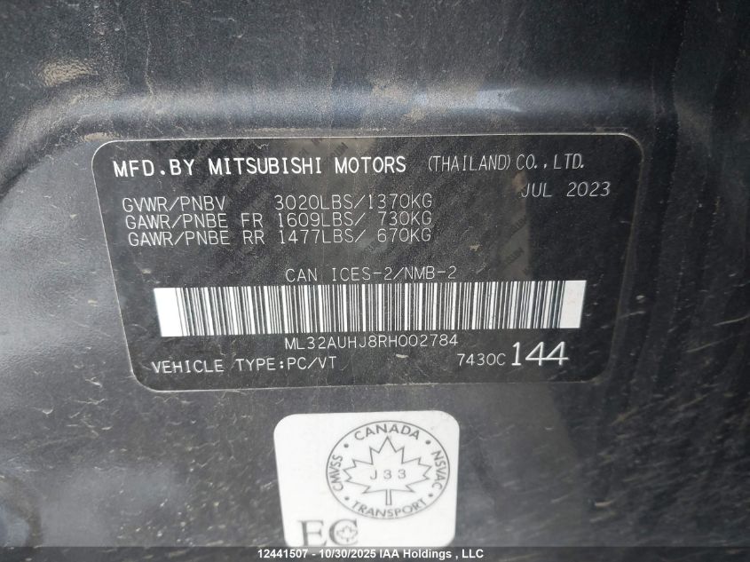 2024 Mitsubishi Mirage Es/Le VIN: ML32AUHJ8RH002784 Lot: 12441507