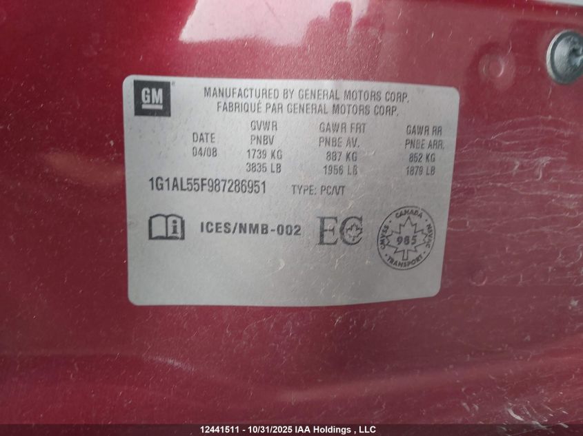 2008 Chevrolet Cobalt Lt VIN: 1G1AL55F987286951 Lot: 12441511