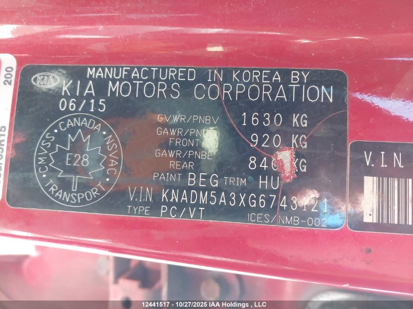 2016 Kia Rio Ex/Ex+ W/Sunroof/Lx/Lx+/Lx+ Eco/Sx VIN: KNADM5A3XG6743121 Lot: 12441517