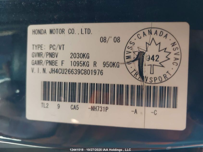 2009 Acura Tsx VIN: JH4CU26639C801976 Lot: 12441518