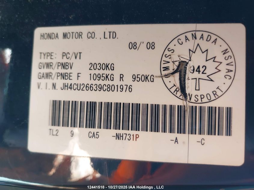 2009 Acura Tsx VIN: JH4CU26639C801976 Lot: 12441518