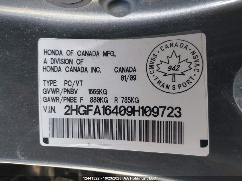 2HGFA16409H109723 2009 HONDA CIVIC photo no. 9