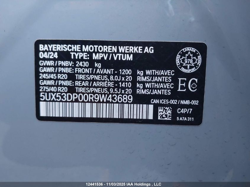 2024 BMW X3 xDrive30I VIN: 5UX53DP00R9W43689 Lot: 12441536