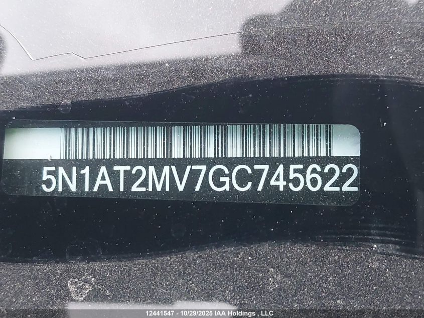 2016 Nissan Rogue S/Sl/Sv VIN: 5N1AT2MV7GC745622 Lot: 12441547