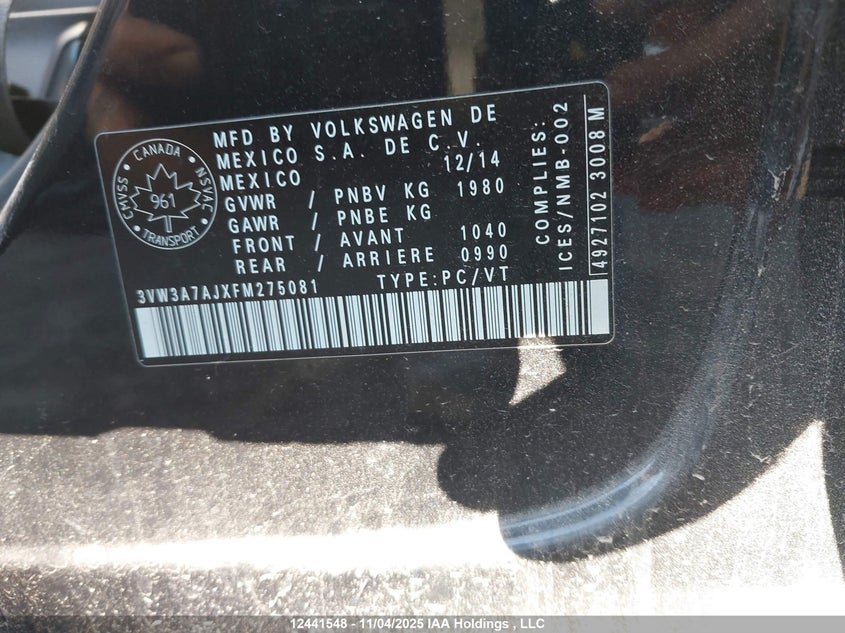 3VW3A7AJXFM275081 2015 VOLKSWAGEN JETTA photo no. 9