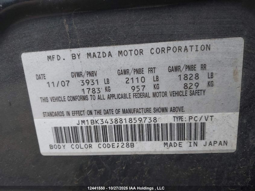 2008 Mazda Mazda3 Gs/Gs *Ltd Avail*/Gt VIN: JM1BK343881859738 Lot: 12441550