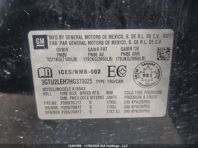 2017 GMC Sierra 1500 VIN: 3GTU2LEH7HG370025 Lot: 12441556