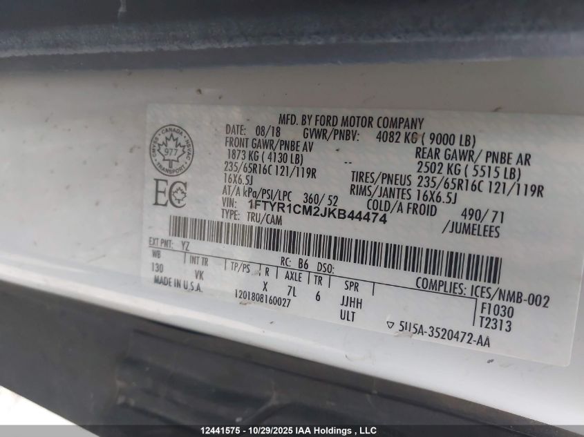 2018 Ford Transit T-250 VIN: 1FTYR1CM2JKB44474 Lot: 12441575