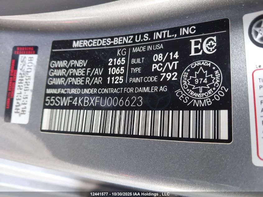 2015 Mercedes-Benz C 300 4Matic VIN: 55SWF4KBXFU006623 Lot: 12441577