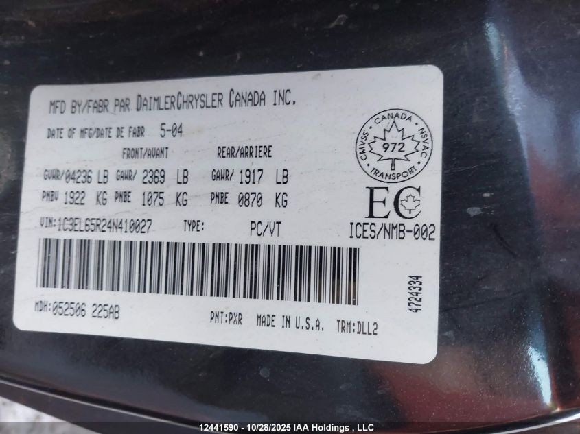 2004 Chrysler Sebring Limited VIN: 1C3EL65R24N410027 Lot: 12441590