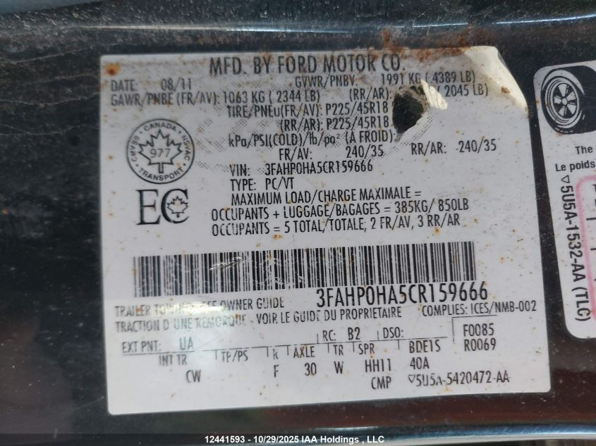 2012 Ford Fusion Se VIN: 3FAHP0HA5CR159666 Lot: 12441593