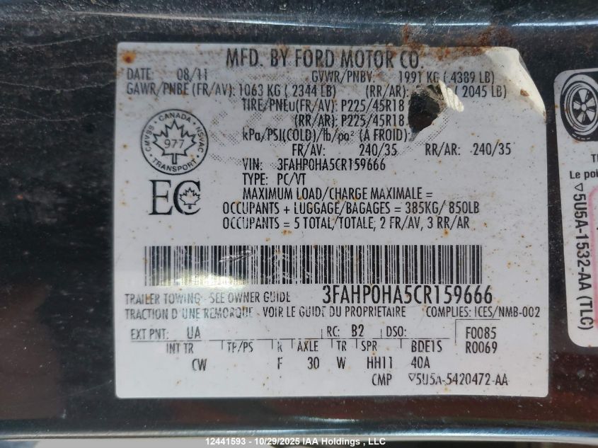 2012 Ford Fusion Se VIN: 3FAHP0HA5CR159666 Lot: 12441593