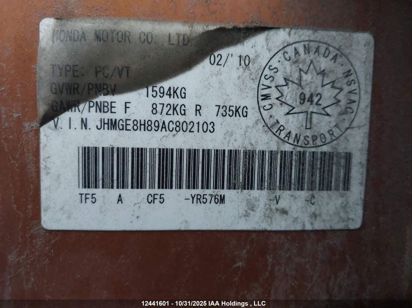 2010 Honda Fit Sport VIN: JHMGE8H89AC802103 Lot: 12441601