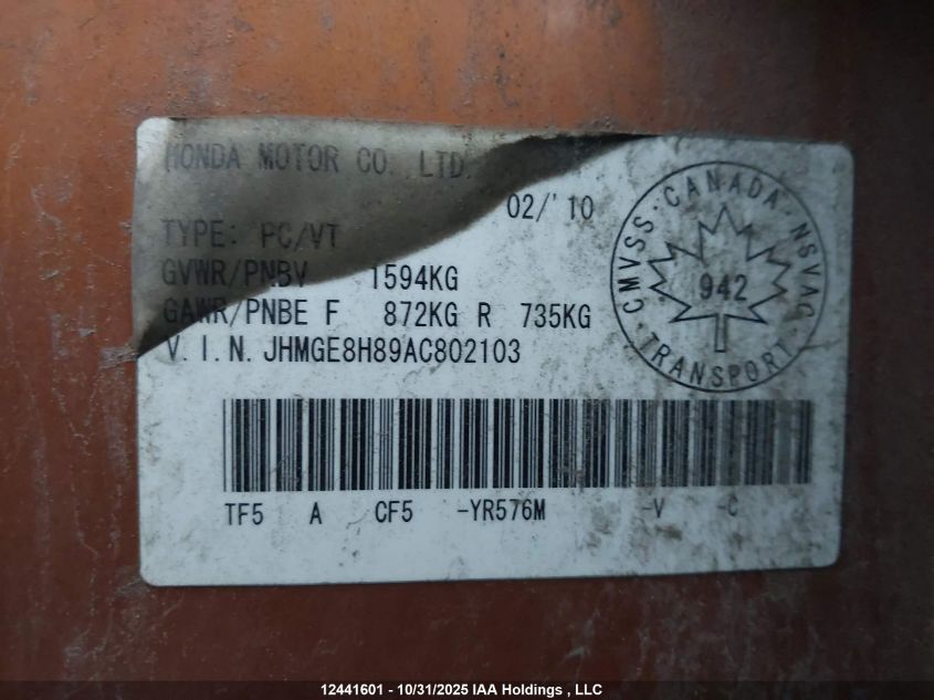 2010 Honda Fit Sport VIN: JHMGE8H89AC802103 Lot: 12441601