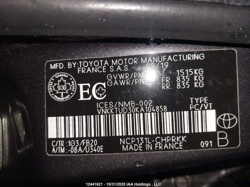 2019 Toyota Yaris L/Le/Se VIN: VNKKTUD30KA104858 Lot: 12441621