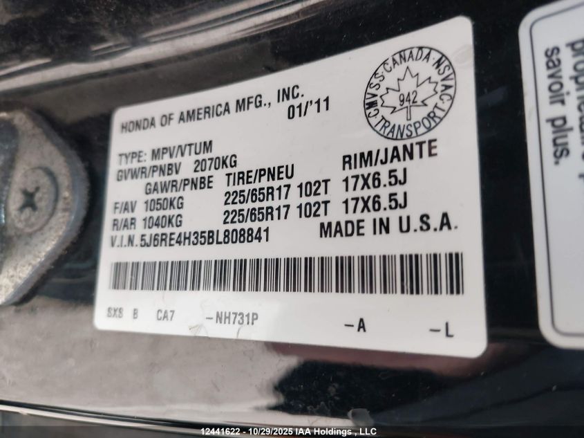 2011 Honda Cr-V Lx VIN: 5J6RE4H35BL808841 Lot: 12441622