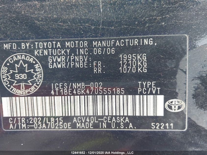 2007 Toyota Camry Ce/Le/Xle/Se VIN: 4T1BE46K47U555185 Lot: 12441652