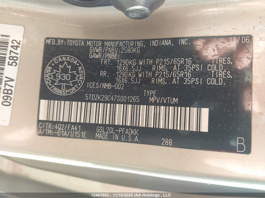 5TDZK29C47S001265 2007 TOYOTA SIENNA photo no. 16