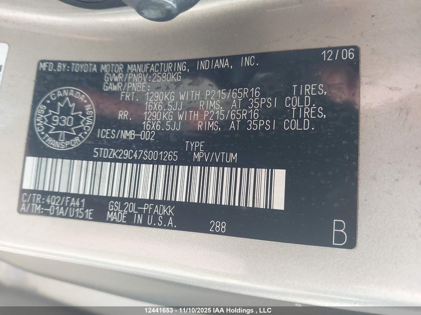 5TDZK29C47S001265 2007 TOYOTA SIENNA photo no. 8