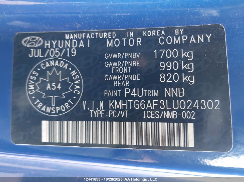 2020 Hyundai Veloster Premium VIN: KMHTG6AF3LU024302 Lot: 12441655