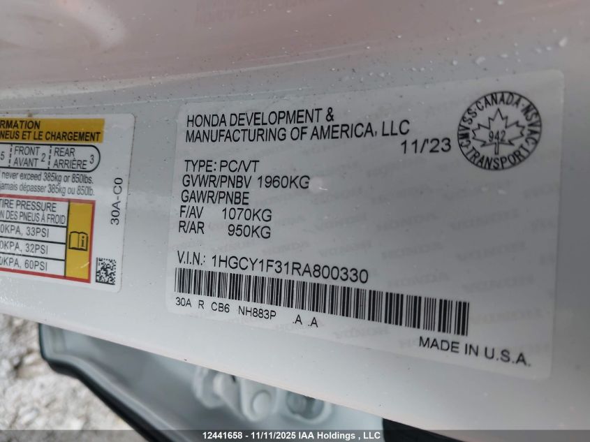 2024 Honda Accord Ex VIN: 1HGCY1F31RA800330 Lot: 12441658