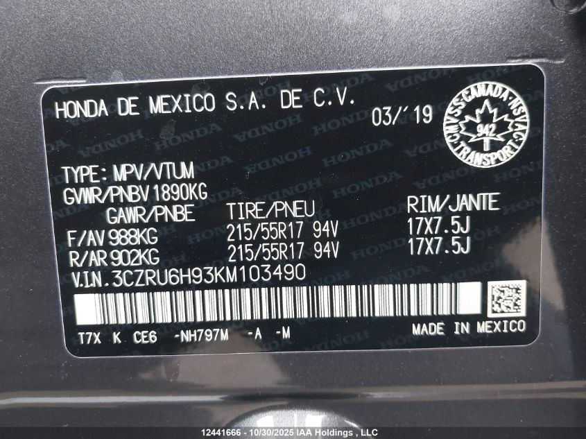 2019 Honda Hr-V Touring VIN: 3CZRU6H93KM103490 Lot: 12441666