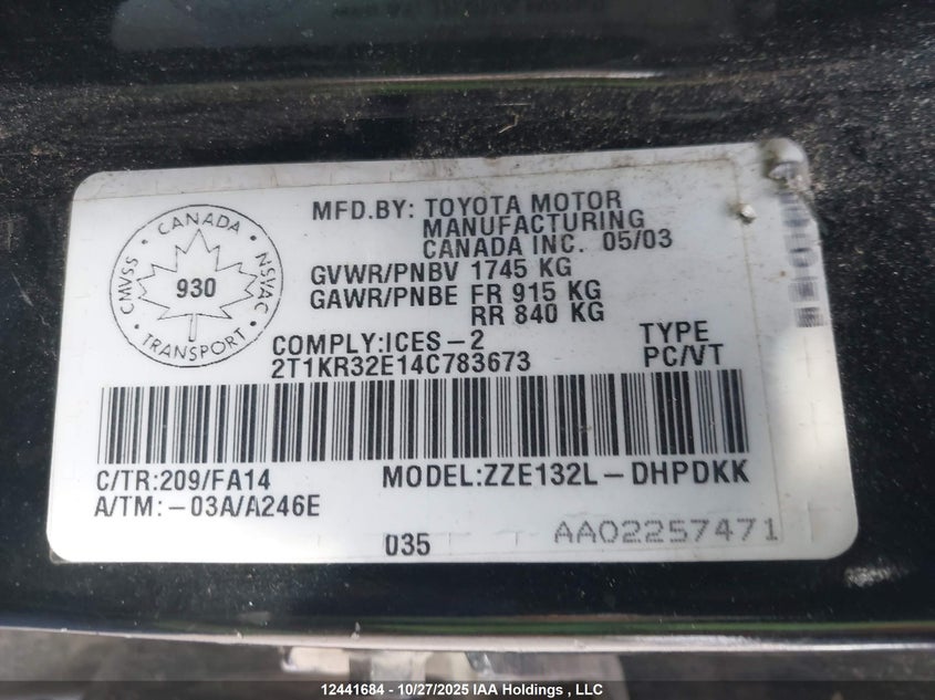 2004 Toyota Matrix Xr VIN: 2T1KR32E14C783673 Lot: 12441684