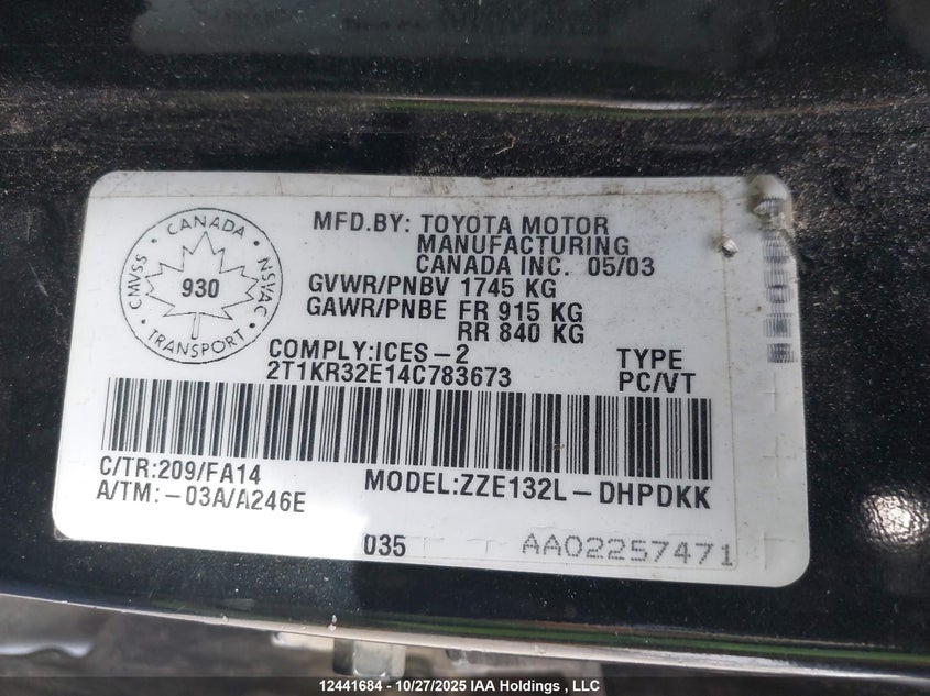 2004 Toyota Matrix Xr VIN: 2T1KR32E14C783673 Lot: 12441684