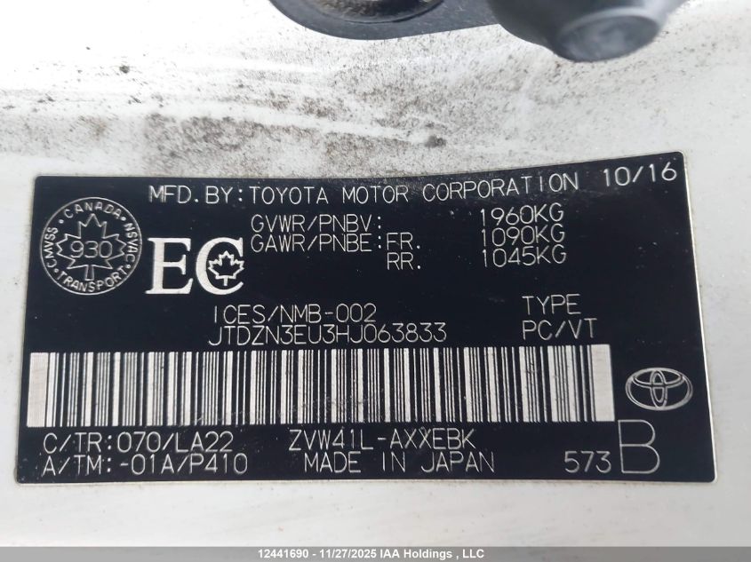 2017 Toyota Prius VIN: JTDZN3EU3HJ063833 Lot: 12441690